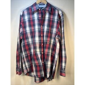 Tommy Hilfiger Shirt Mens Large Red Blue Pocket Button Up Crest Vintage